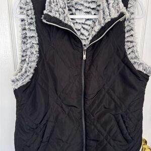 Black Quilted Vest with Gray Faux Fur Lining